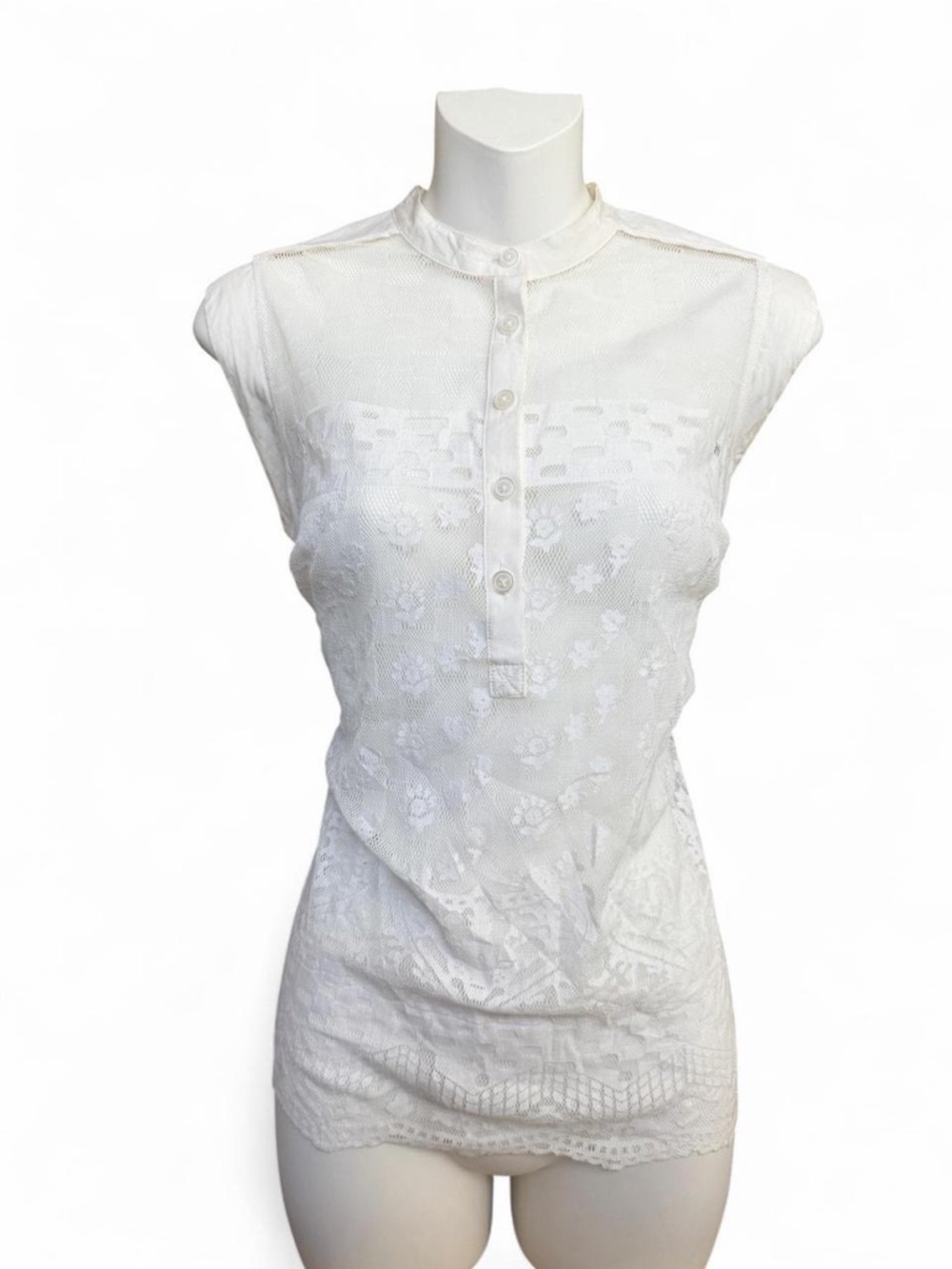 Cabi White Lace Button-Front Cap-Sleeve Camisole